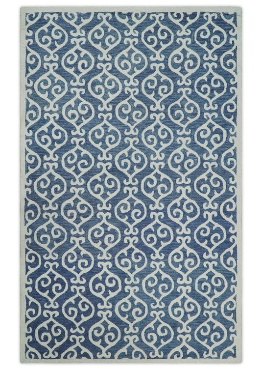 Custom Made Blue and Ivory Trellis Pattern Hand Tufted  Wool Area Rug