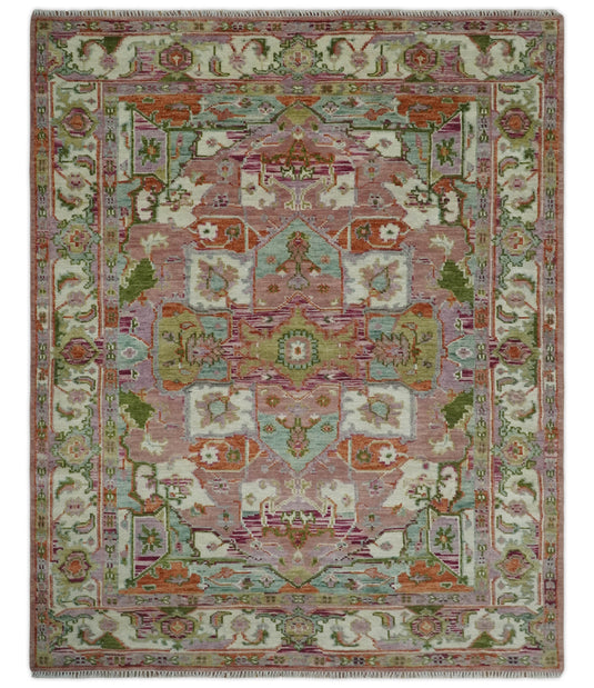 HandKnotted Heriz Rug Pink and Ivory Ideal for Living, Bedroom, and Dining Rooms 5x8, 6x9, 8x10, 9x12 and 10x14 Wool Rug