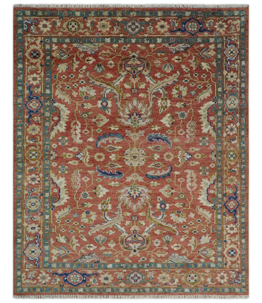 Rust, Blue, Ivory And Teal Persian Floral Hand Knotted 8x10 ft Bedroom, Living Room Rug Wool Area Rug