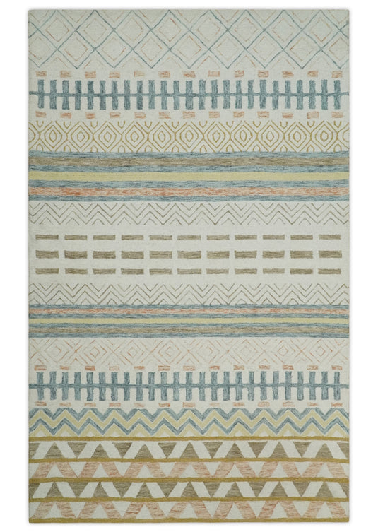 Custom Made Geometrical Pattern Ivory, Blue, Brown And Olive Hand Tufted  Wool Area Rug