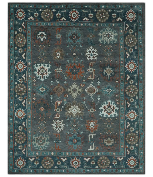 Custom Made Oriental Oushak Pattern Charcoal, Teal, Brown and Ivory Hand Knotted Wool Area Rug