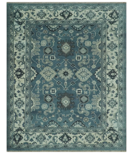 Custom Made Hand Knotted Blueish Gray And Charcoal Antique wool Area Rug