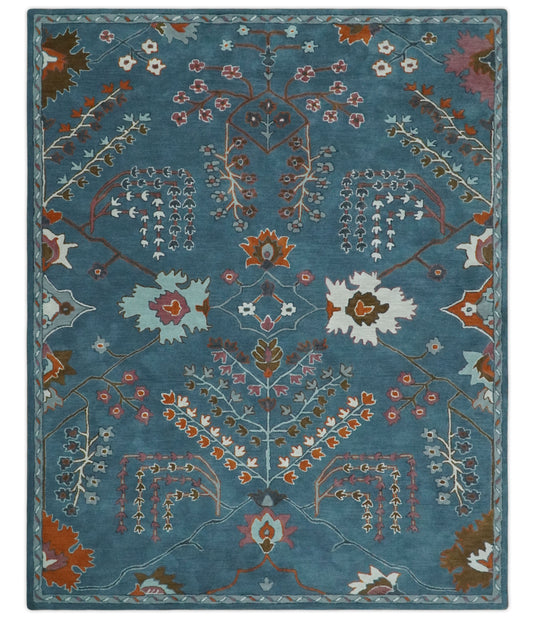 Custom Made Tree Of Life Teal Blue, Brown And Red Hand Tufted Wool Area Rug