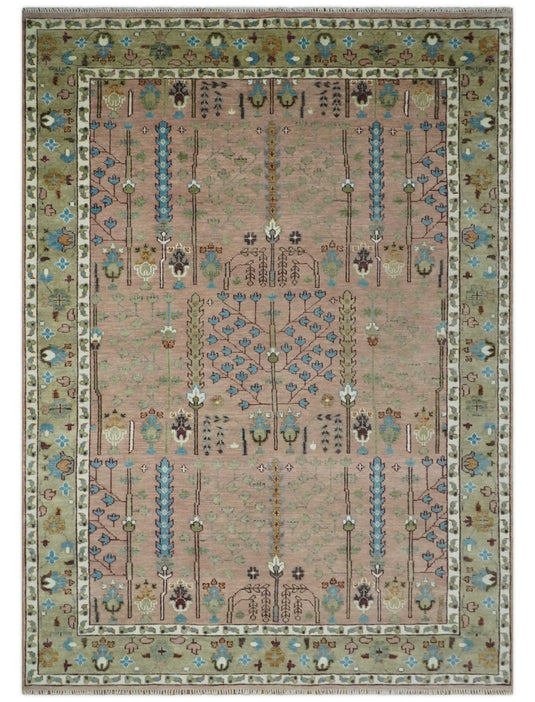 Pink,Olive and Beige Tree of Life Vintage Hand Knotted, Antique Turkish 5x8, 6x9, 8x10, 9x12, 10x14, 12x15 Wool Rug, Living Room Rug CP684S