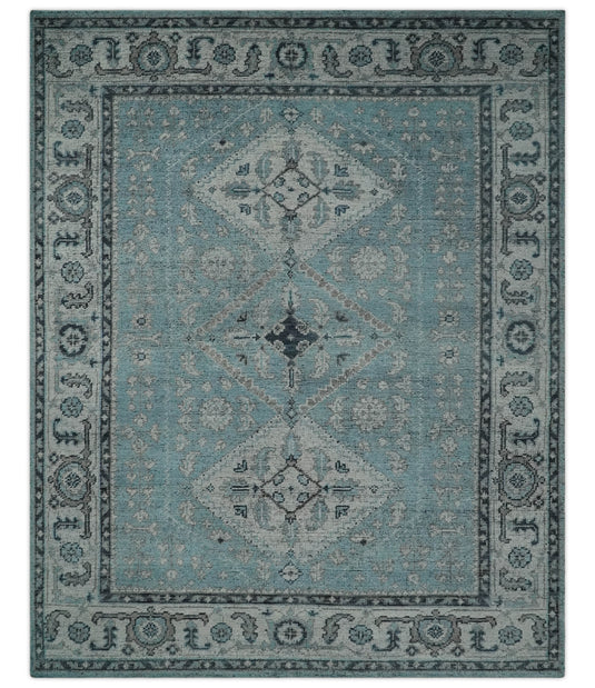 Custom Made Traditional Antique Tribal Pattern Blue and Gray Hand Knotted Wool Area Rug