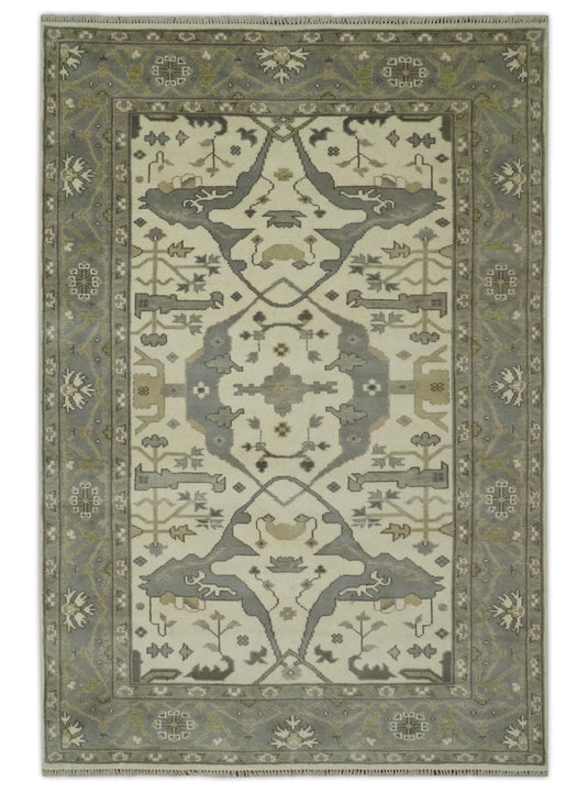 Hand Knotted Ivory, Gray And Olive Oriental Oushak Rug 6x9 ft Ideal for Living, Bedroom And Dining Rooms | CP234969