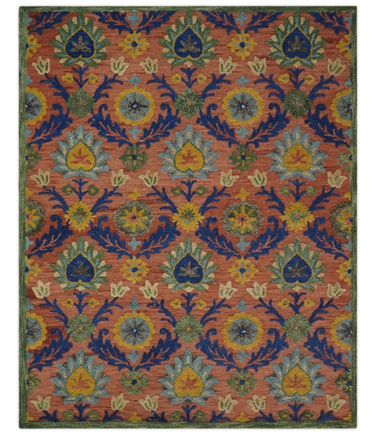 Custom Made Colorful Peach, Blue, Green And Gold Traditional Floral Hand Tufted Wool Area Rug