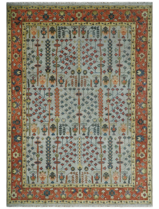 Blue and Rust, Tree of Life Vintage Persian Hand Knotted, Antique Turkish 5x8, 6x9, 8x10, 9x12, 10x14, 12x15 Wool Rug, Living Room | CP204S