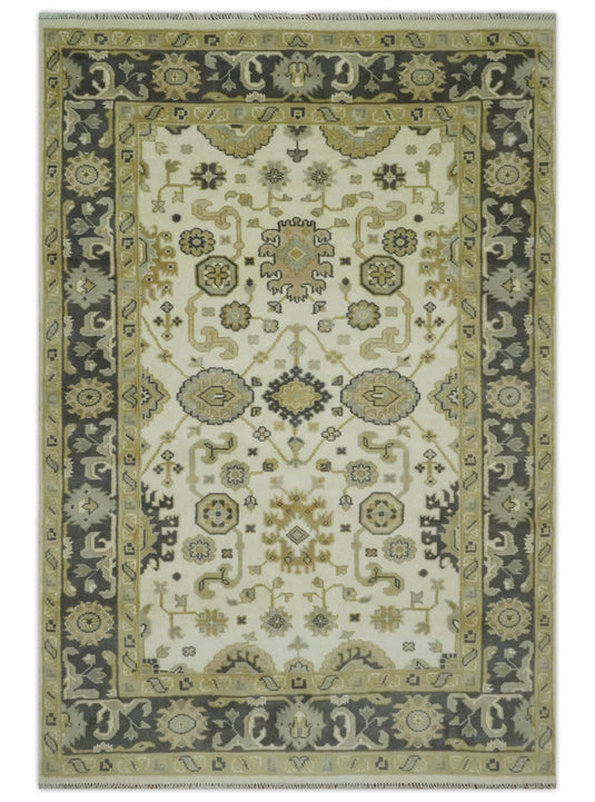 Custom Made Hand Knotted Oushak Ivory, Beige, Gray And Charcoal Wool Area Rug