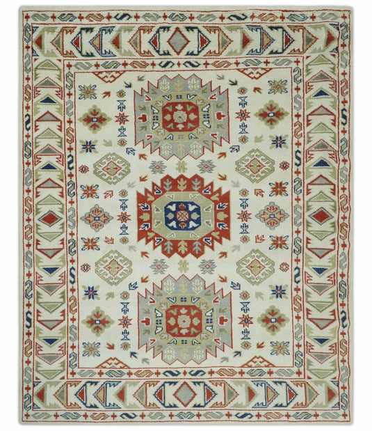Custom Made Classic Oriental Design Gray, Olive, Blue And Rust Hand Knotted wool Area Rug