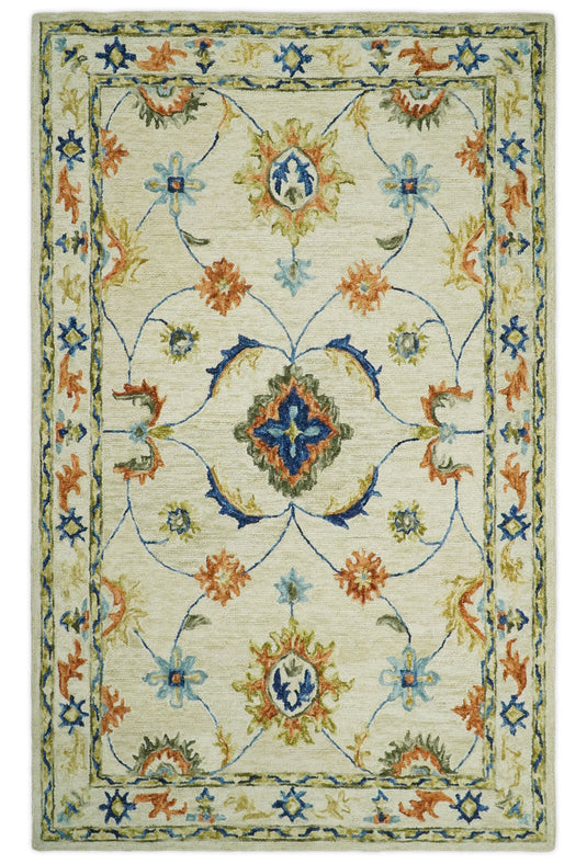 Custom Made Floral Pattern Beige, Rust, Blue And Olive Hand Tufted Wool Area Rug