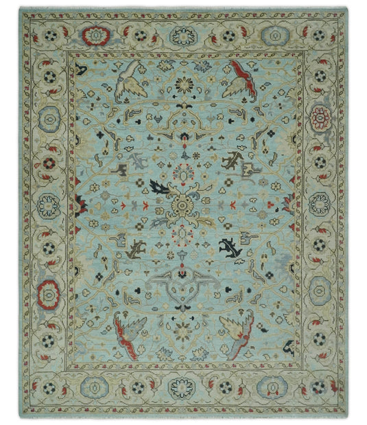 Vintage Antique Oushak Light Blue, Beige And Red Hand Knotted 8x10 ft Bedroom, Living Room Rug Wool Area Rug