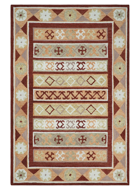 Custom Made Geometrical Maroon, Ivory, Beige And Light peach Hand Tufted  Wool Area Rug