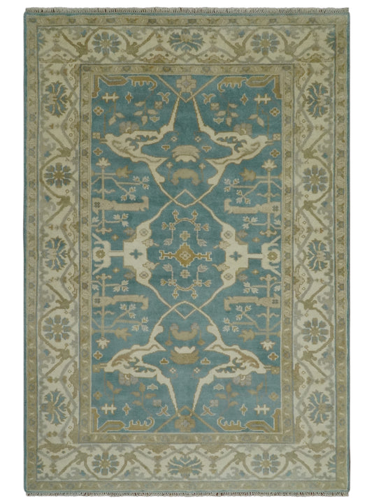 Custom Made Hand Knotted Classic Oushak Beige, Ivory And Dark Teal Wool Area Rug