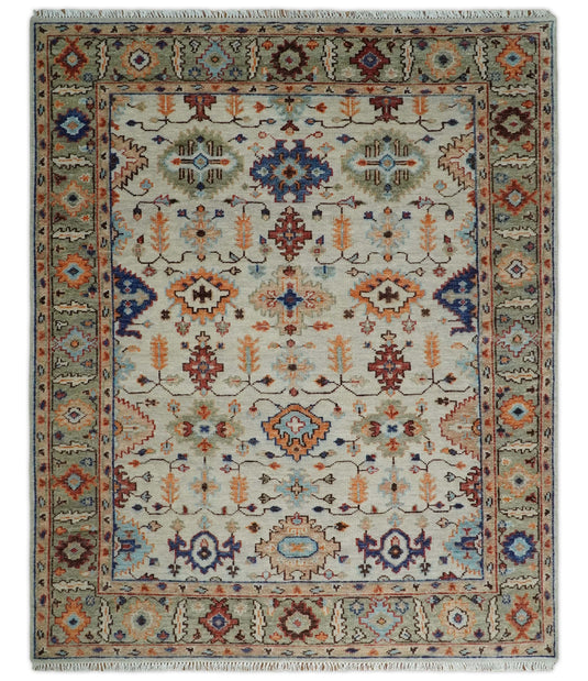 Custom Made Turkish Ivory and Green Colorful Traditional Hand Knotted Oushak Wool Area Rug