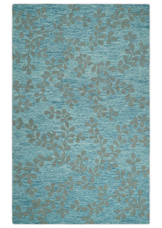 Custom Made Traditional Floral Pattern Light Blue And Gray Hand Tufted  Wool Area Rug