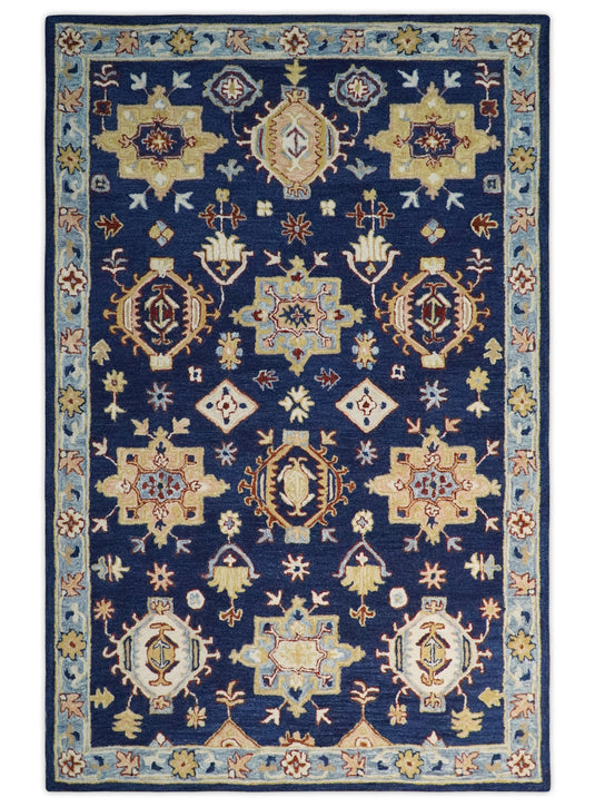 Custom Made Traditional Pattern Blue, Ivory, Gold And Rust Hand Tufted  Wool Area Rug