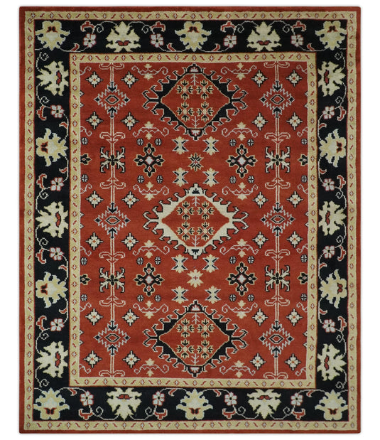 Traditional Pattern Red, Black, Light Beige And Ivory Hand Knotted 8x10 ft wool Area Rug