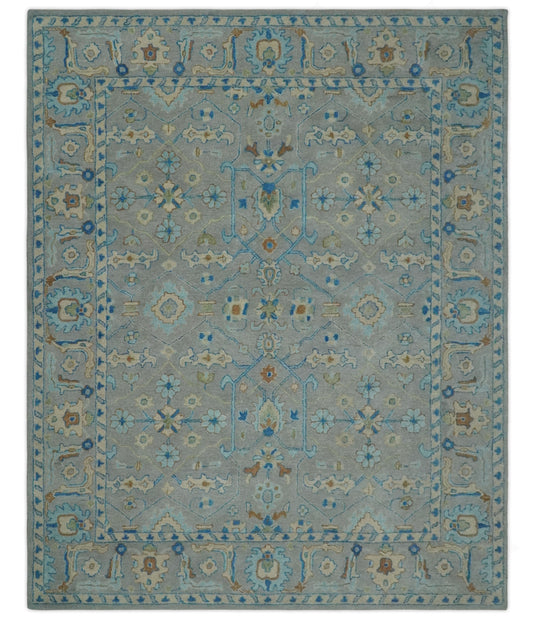 Traditional Floral Gray, Blue, Aqua, Beige And Ivory Hand Knotted 8x10 ft Bedroom, Living Room Rug Wool Area Rug