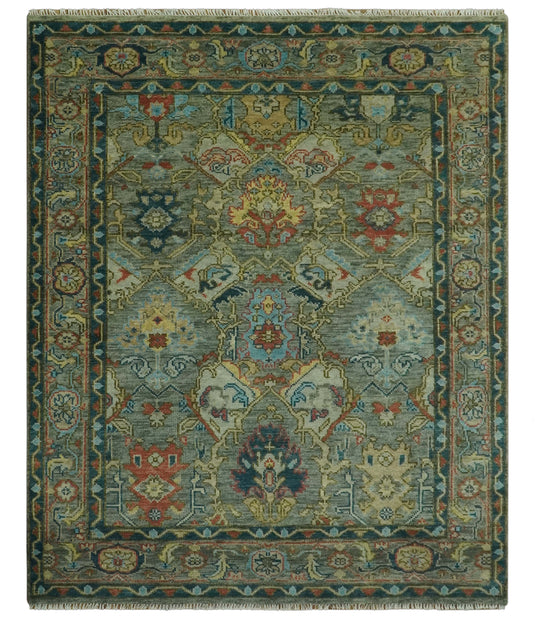 Hand Knotted Green, Gray, Teal And Rust Traditional Oushak Wool Rug 8x10 ft Ideal for Living, Bedroom And Dining Rooms