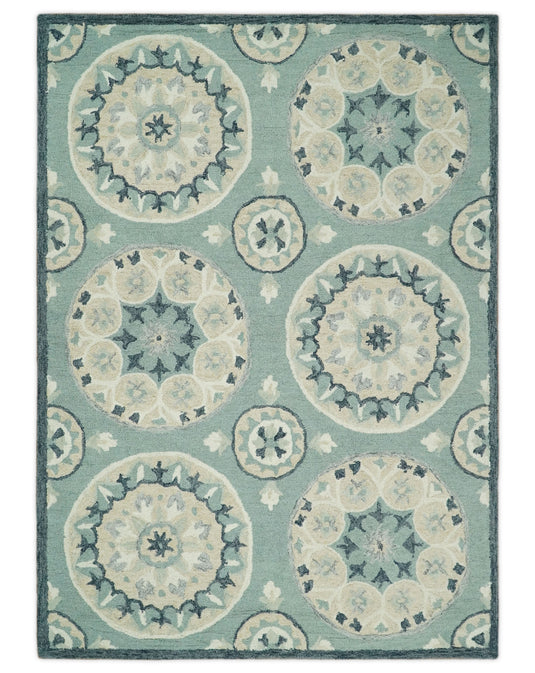 Custom Made Round Boho Pattern Sage Green And Beige Hand Tufted Wool Area Rug