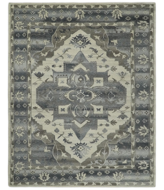 Traditional Persian Ivory, Gray, Charcoal and Greenish Gray Hand knotted 8x10 ft wool Area Rug