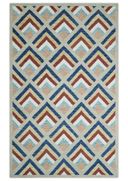 Custom Made Multicolor Modern Geometrical Chevron Pattern Hand Tufted Wool Area Rug