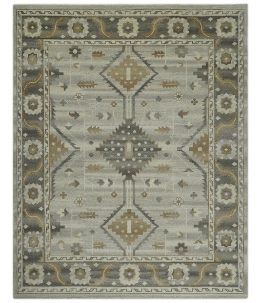 Tribal Pattern Silver, Beige, Charcoal and Ivory Traditional Hand Knotted 8x10 ft wool Area Rug