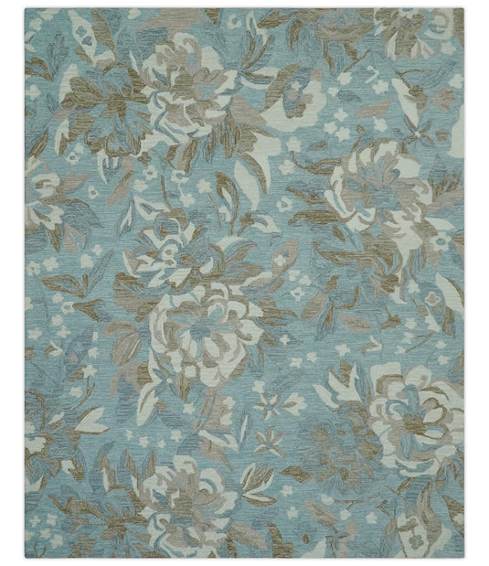 Custom Made Hand Tufted Floral Blue, Ivory, Brown And Gray Rug Wool Area Rug