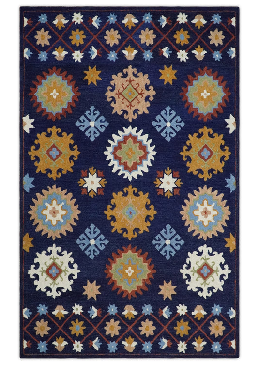 Custom Made Blue, Aqua, Maroon And Camel Hand Tufted  Wool Area Rug