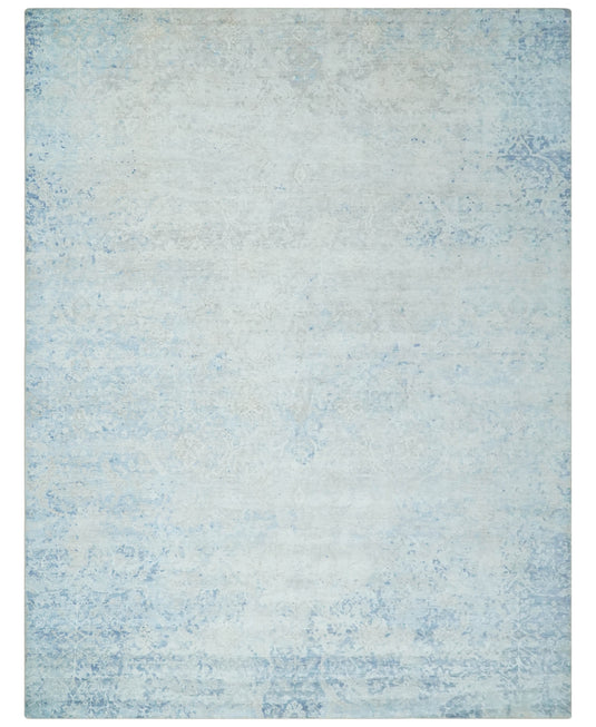 Floral Abstract Blue And Ivory Hand Knotted 9.7x12.9 ft Bedroom, Living Room Rug Bamboo Silk Area Rug