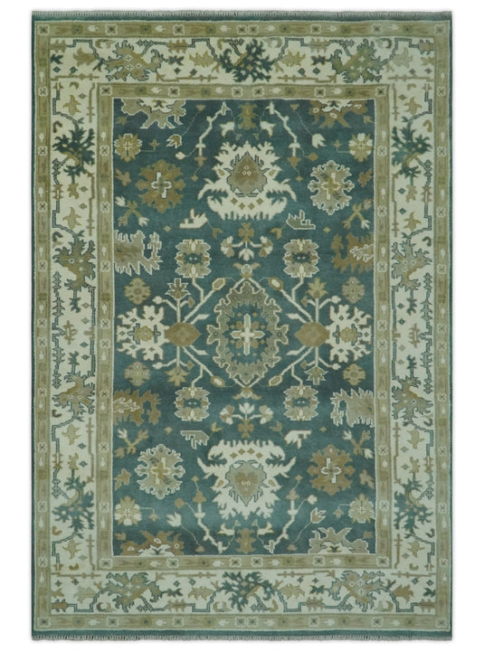 Custom Made Hand Knotted Classic Floral Motifs Oushak Rug Deep Green, Ivory And Olive Wool Area Rug