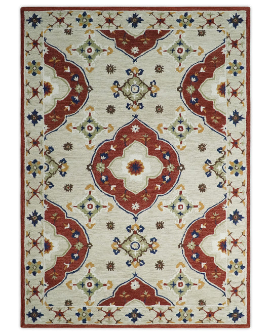 Custom Made Ivory, Maroon, Olive And Blue Hand Tufted  Wool Area Rug