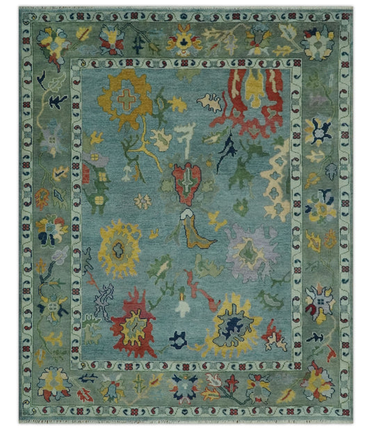 Custom Made Hand Knotted Blue and Moss Green Colorful Traditional Oushak Rug wool Area Rug