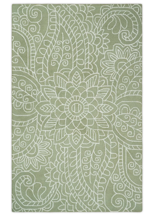 Custom Made Olive Green And Ivory Hand Tufted  Wool Area Rug