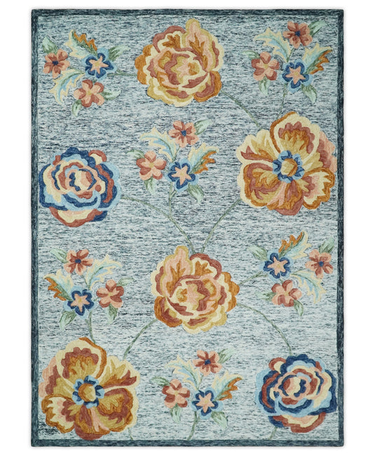 Custom Made Floral Gray, Blue, Peach, Gold  And Green Hand Tufted Wool Area Rug