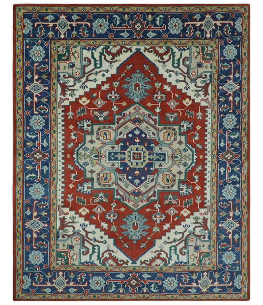 Custom Made Traditional Medallion Pattern Red, Blue and Ivory Hand Knotted wool Area Rug