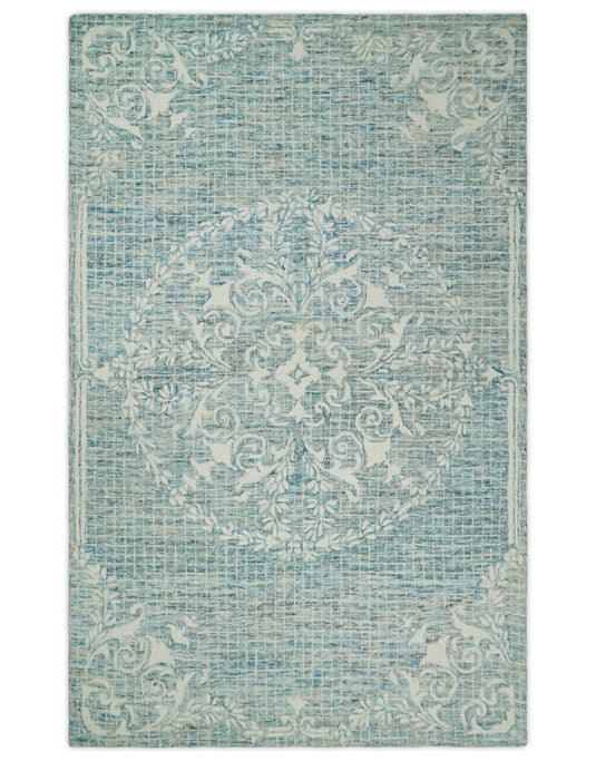 Custom Made Floral Blue And Ivory Hand Tufted Wool Area Rug