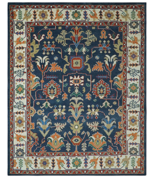 Custom Made Traditional Pattern Blue, Rust and  Ivory Hand Knotted wool Area Rug