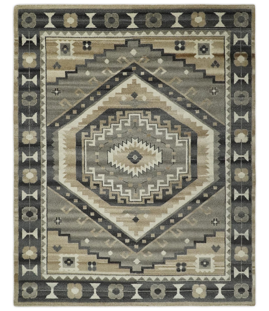 Traditional Medallion pattern Ivory, Beige, Charcoal and Brownish Gray Hand knotted 8x10 ft wool Area Rug