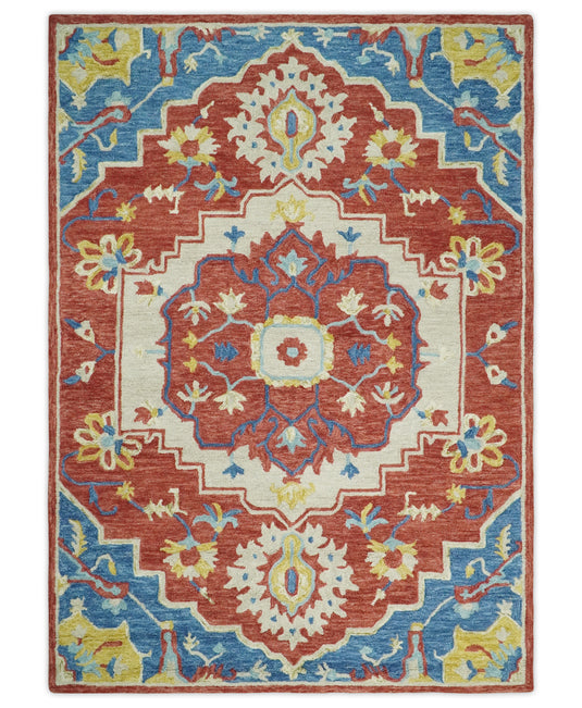 Custom Made Traditional Heriz Serapi Blue And Rust Hand Tufted Wool Area Rug