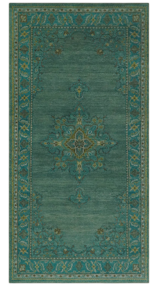 Custom Made Traditional Antique Pattern Green Hand Knotted Wool Area Rug