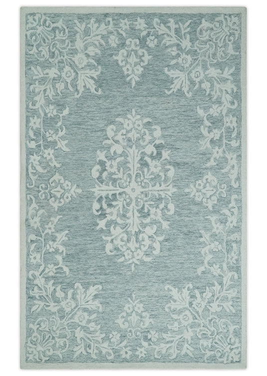 Custom Made Traditional Medallion Gray And Ivory Hand Tufted Wool Area Rug