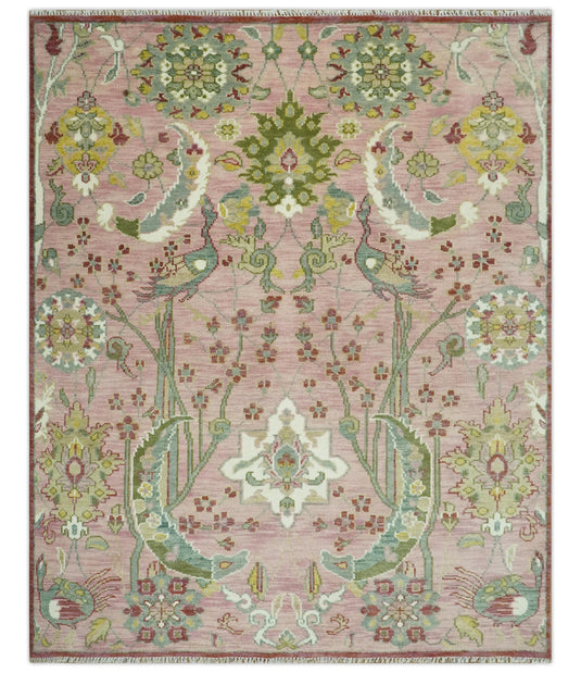 Peach, Green, Olive And Beige Antique Floral Jungle Hand Knotted 8x10 ft Wool Rug, Living Room Rug