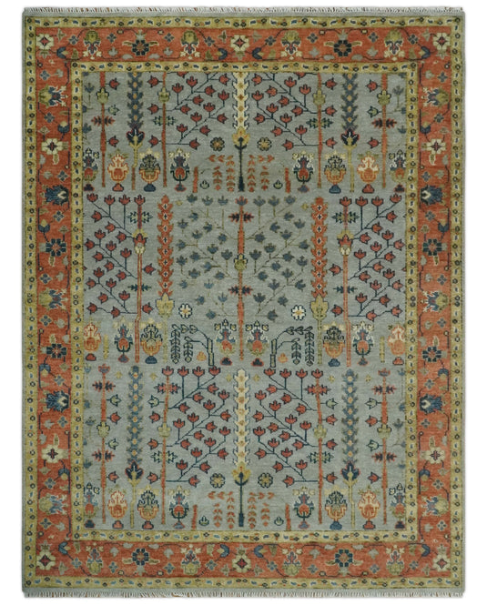 Blue and Rust, Tree of Life Vintage Persian Hand Knotted, Antique Turkish 5x8, 6x9, 8x10, 9x12, 10x14, 12x15 Wool Rug, Living Room | CP204S