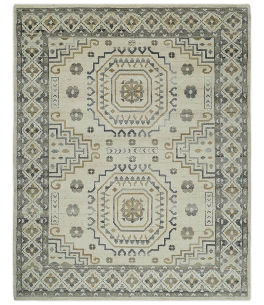 Traditional Medallion pattern Ivory, Gray and Charcoal Hand knotted 8x10 ft wool Area Rug