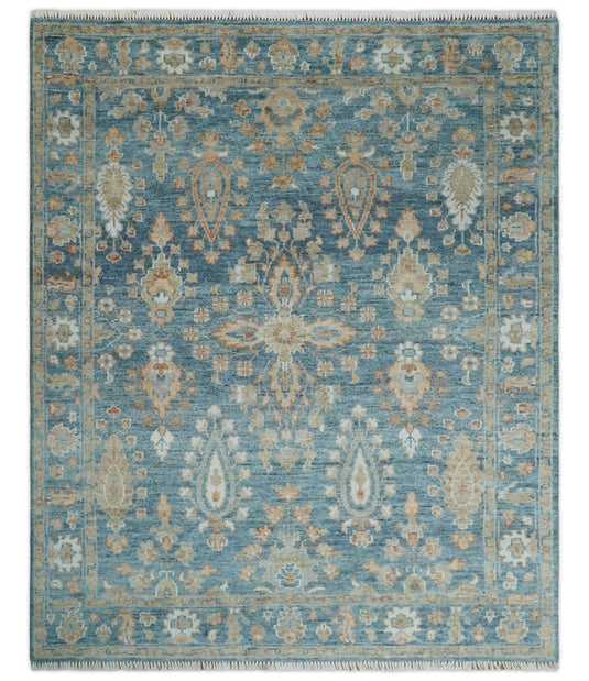 Custom Made Traditional Antique Blue And Beige Hand Knotted Oushak Wool Area Rug