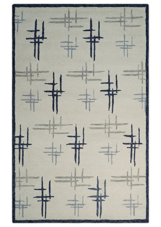 Custom Made Modern Crosses Pattern Ivory, Blue And Gray Hand Tufted  Wool Area Rug