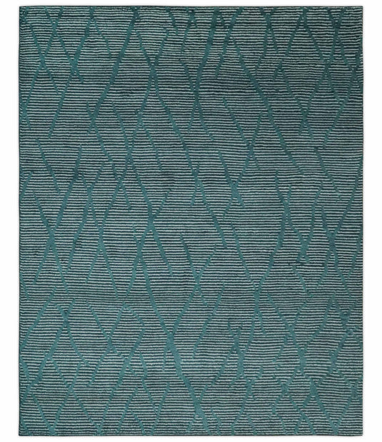 Custom Made Modern Horizontal Stripes Teal Hand Knotted Wool Area Rug