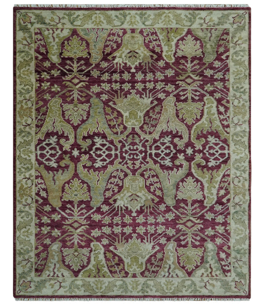 Custom Made Hand Knotted Antique Deep Maroon, Olive And Ivory Wool Area Rug